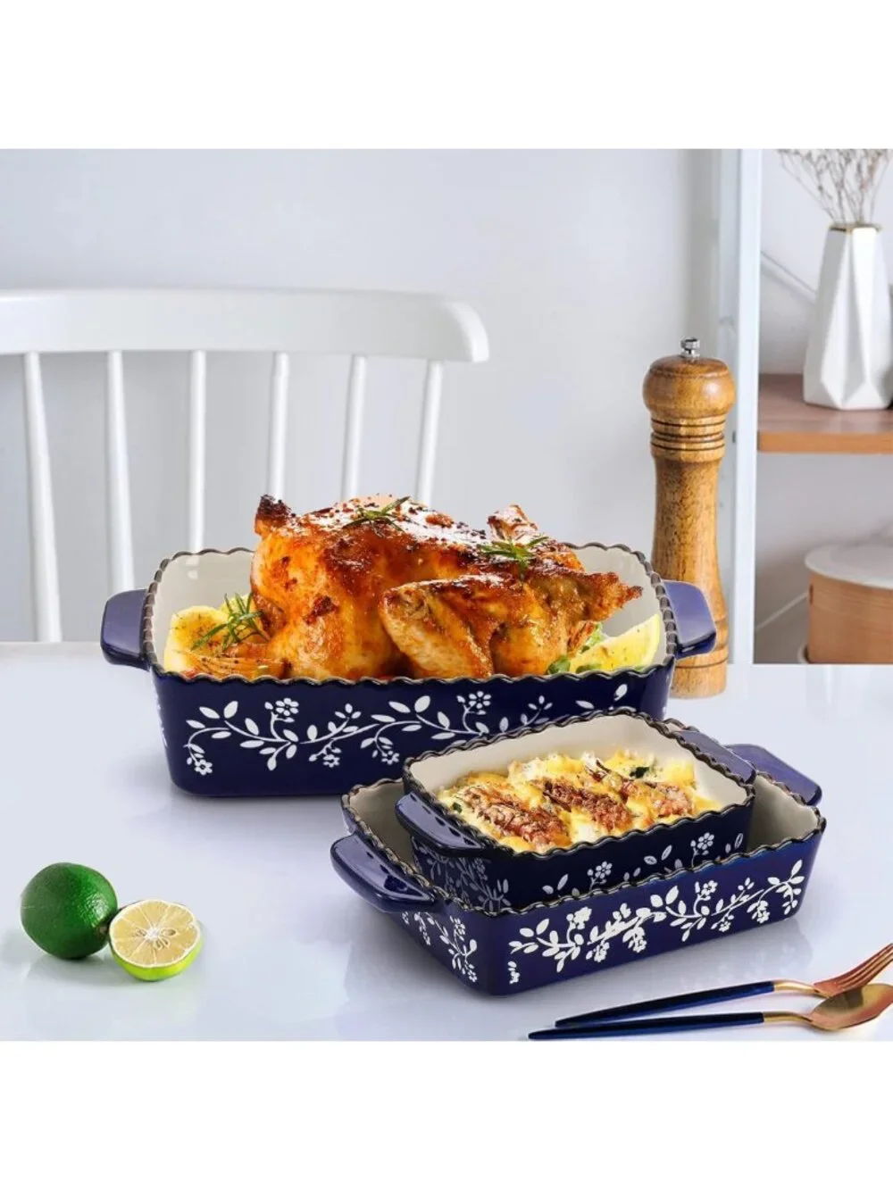 Ceramic Bakeware Set - 3 Rectangular Lasagna Pans for Casseroles & Cakes, Cobalt